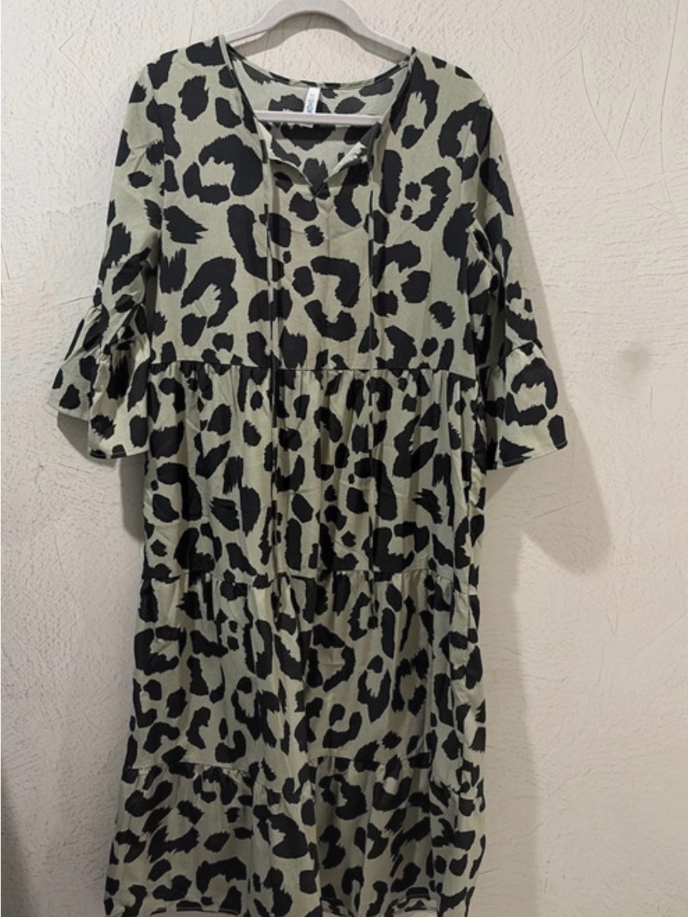 Olive Leopard Print Tiered Maxi Dress with Tie Neck
